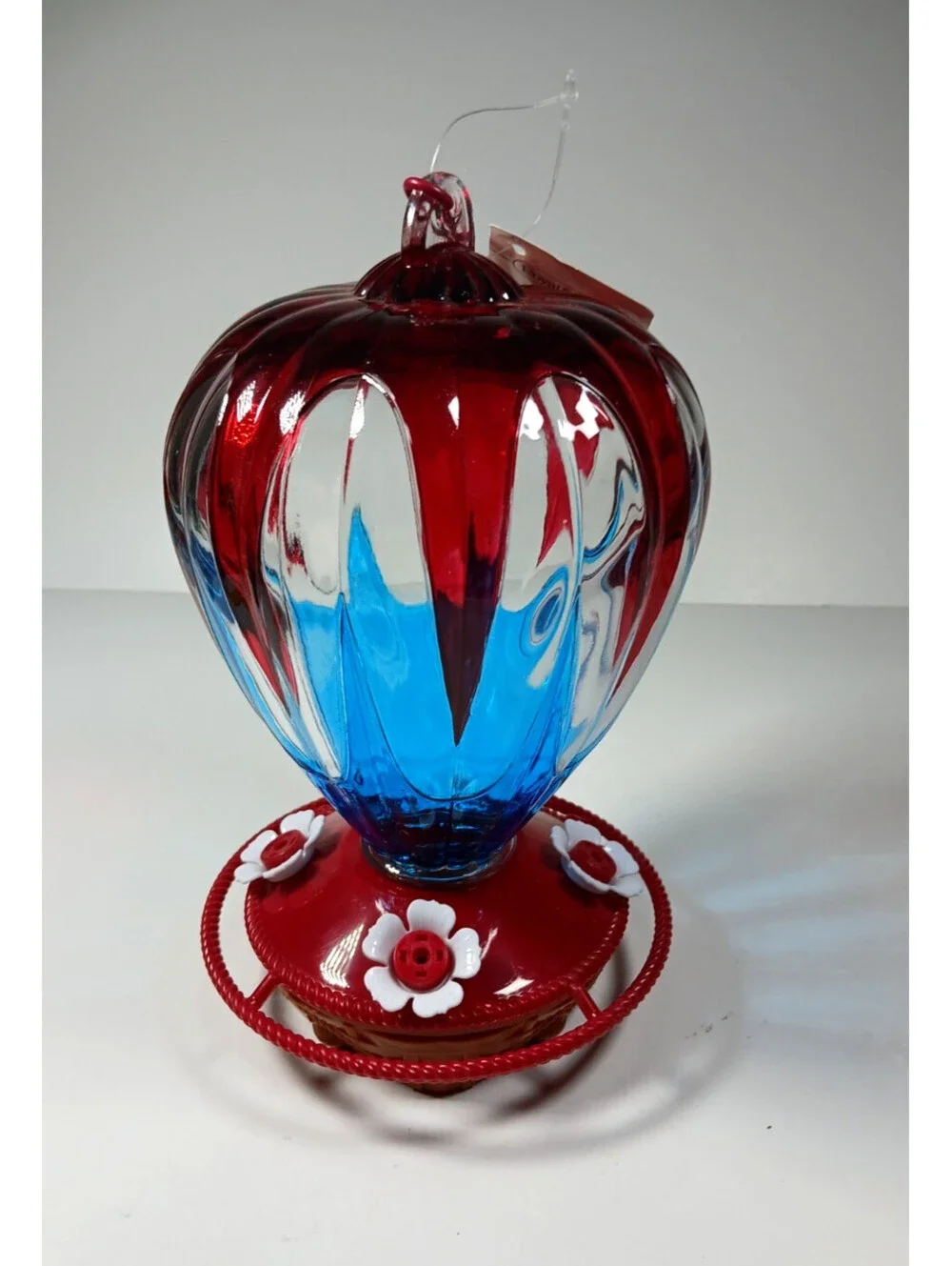 Royal Wing Hot Air Balloon Glass Hummingbird Feeder Screw On Base Red white Blue